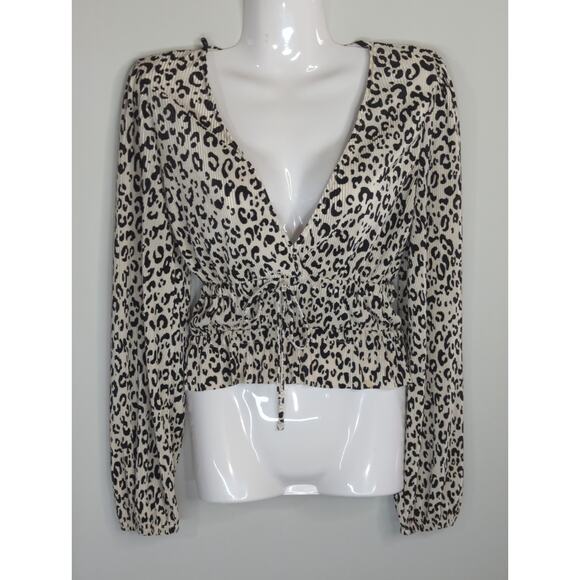 Zara Cream & Black Leopard Printed Cropped Blouse Womens S Mob Wife Y2K - Picture 1 of 8